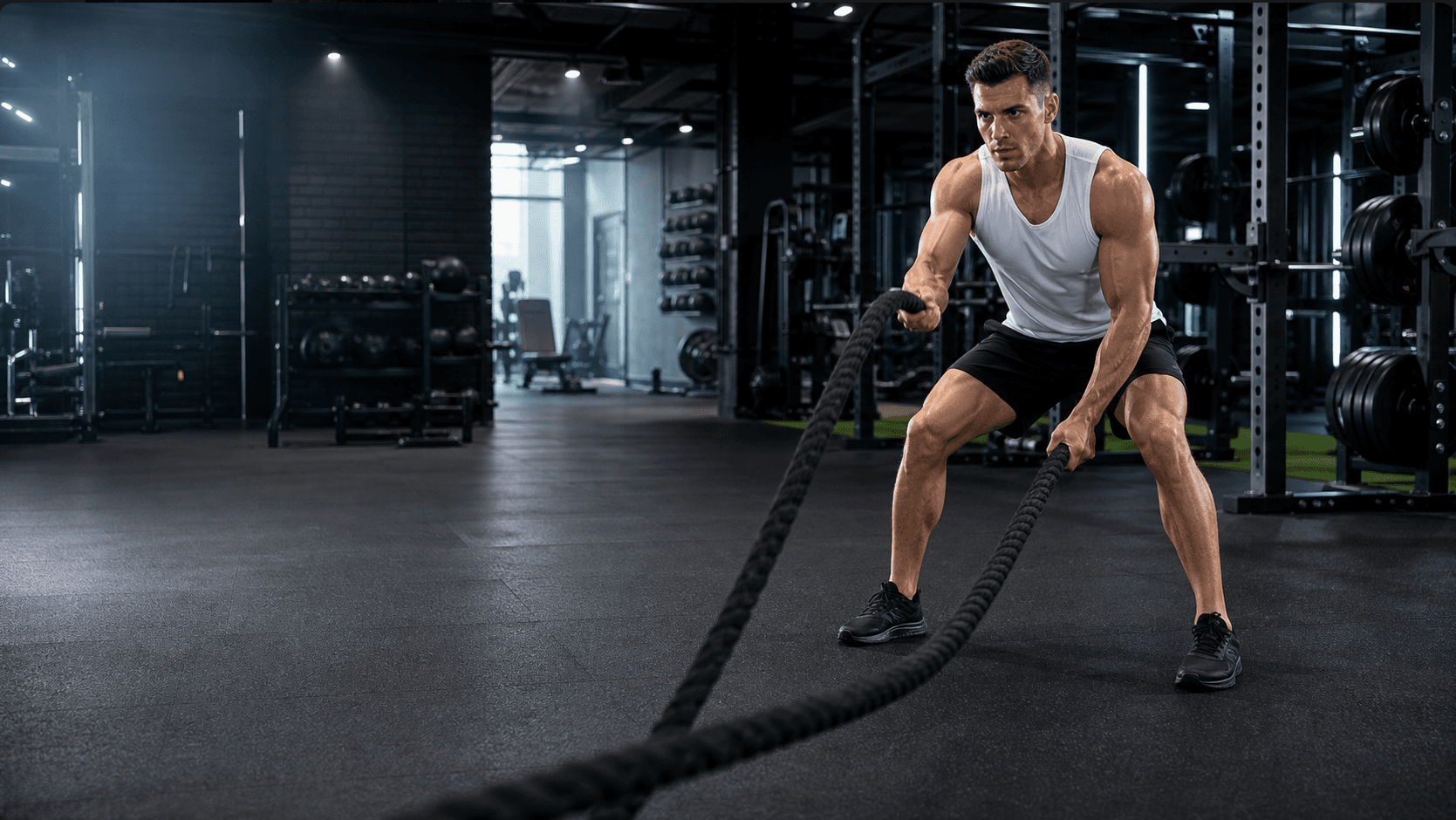 Very fit athlete training with battle ropes in the gym